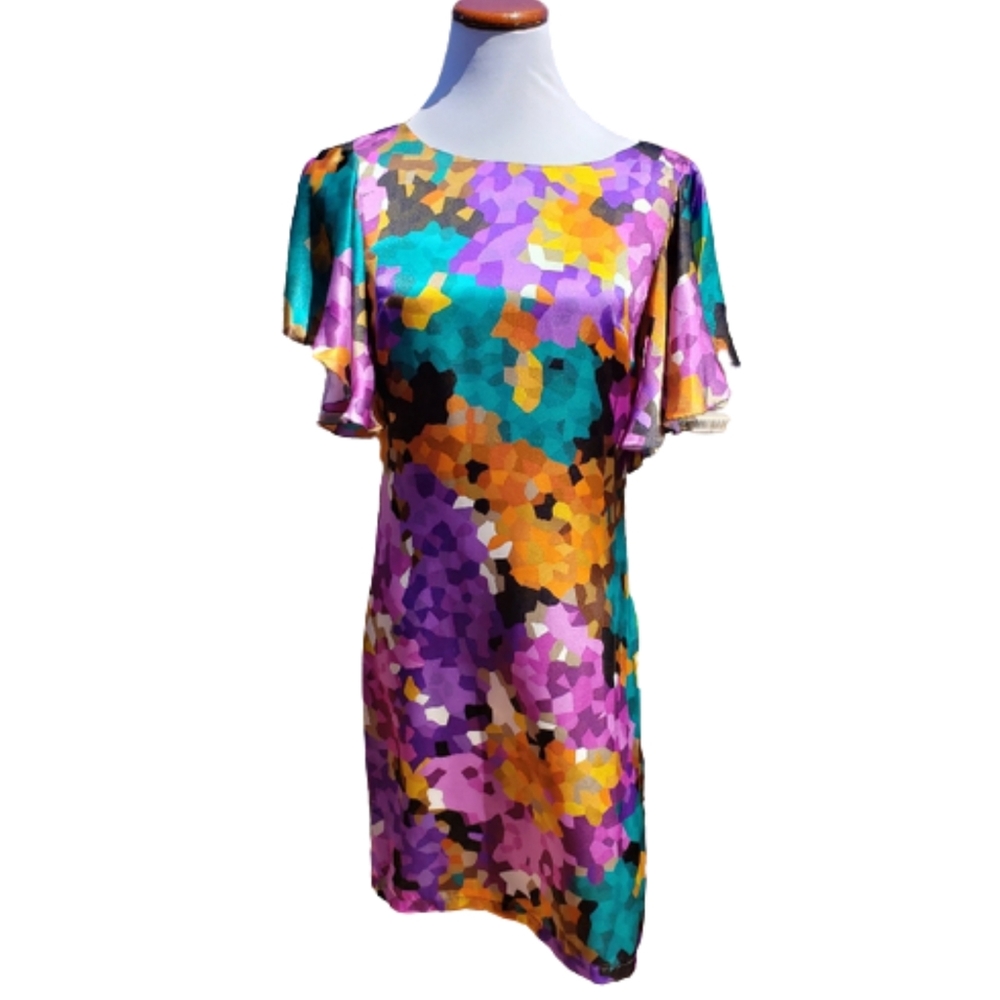TRINA TURK Dress Purple Silk Floral Print Ruffle Sleeve Geometric 2